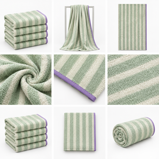 Premium Sage Green Striped Microfiber Hand Towels (20x40 Inches)