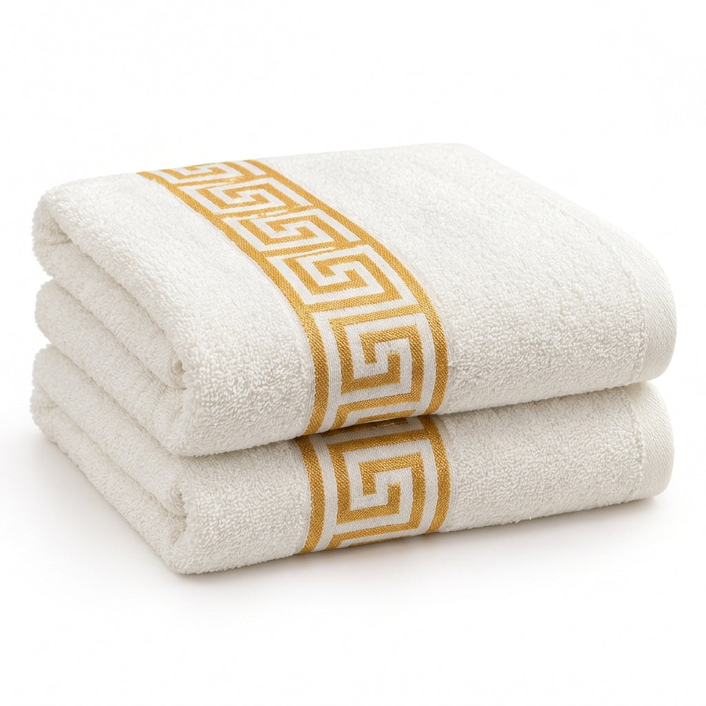 Premium White & Golden Cotton Bath Towel β Elegant Greek Border Design- 24x48 inches.