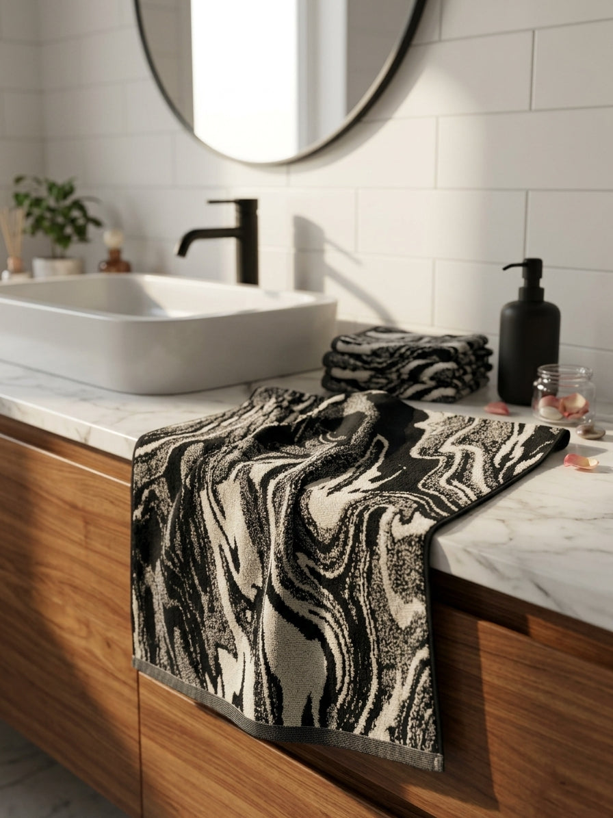 Modern Black & Milky White Abstract Pattern Face Towel (20" x 30")
