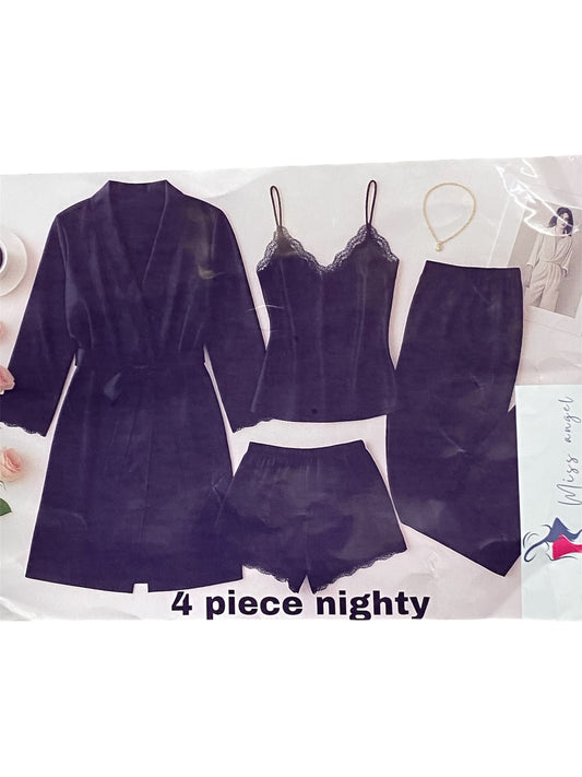 Luxurious 4-Piece Satin Nightwear Set for Women β Robe, Cami Top, Shorts & Long Trousers (Available in Red, Black & Plum)