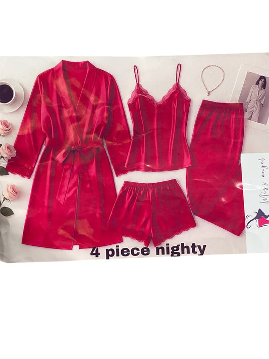 Luxurious 4-Piece Satin Nightwear Set for Women β Robe, Cami Top, Shorts & Long Trousers (Available in Red, Black & Plum)