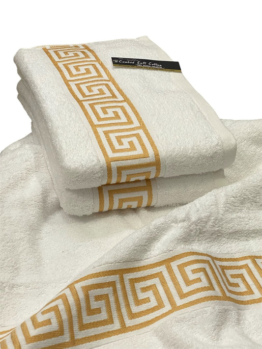 Premium White & Golden Cotton Bath Towel – Elegant Greek Border Design- 24x48 inches.