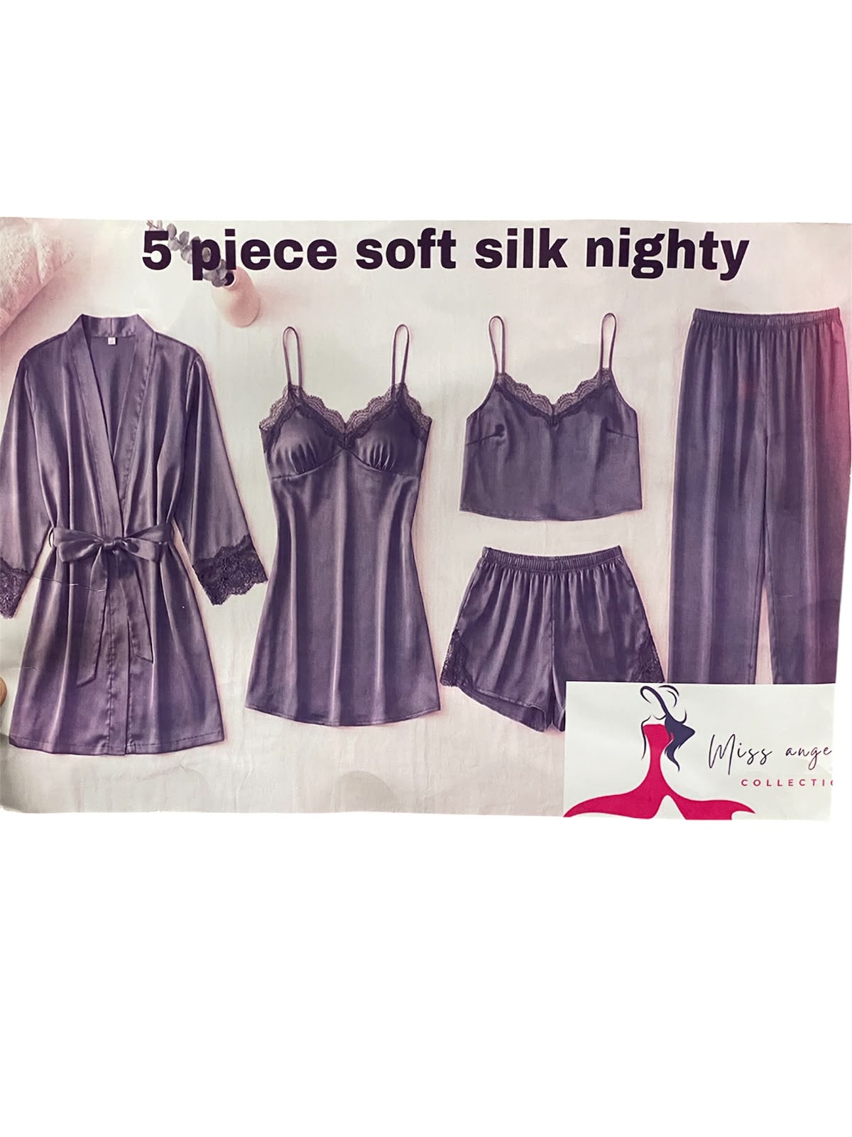 Premium 5-Piece Soft Silk Nightwear Set for Women – Nighty Dress, Robe, Cami, Shorts & Pajama Trousers (Blue & Grey)