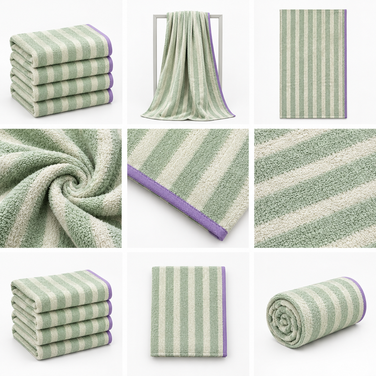 Premium Sage Green Striped Microfiber Hand Towels (20x40 Inches)