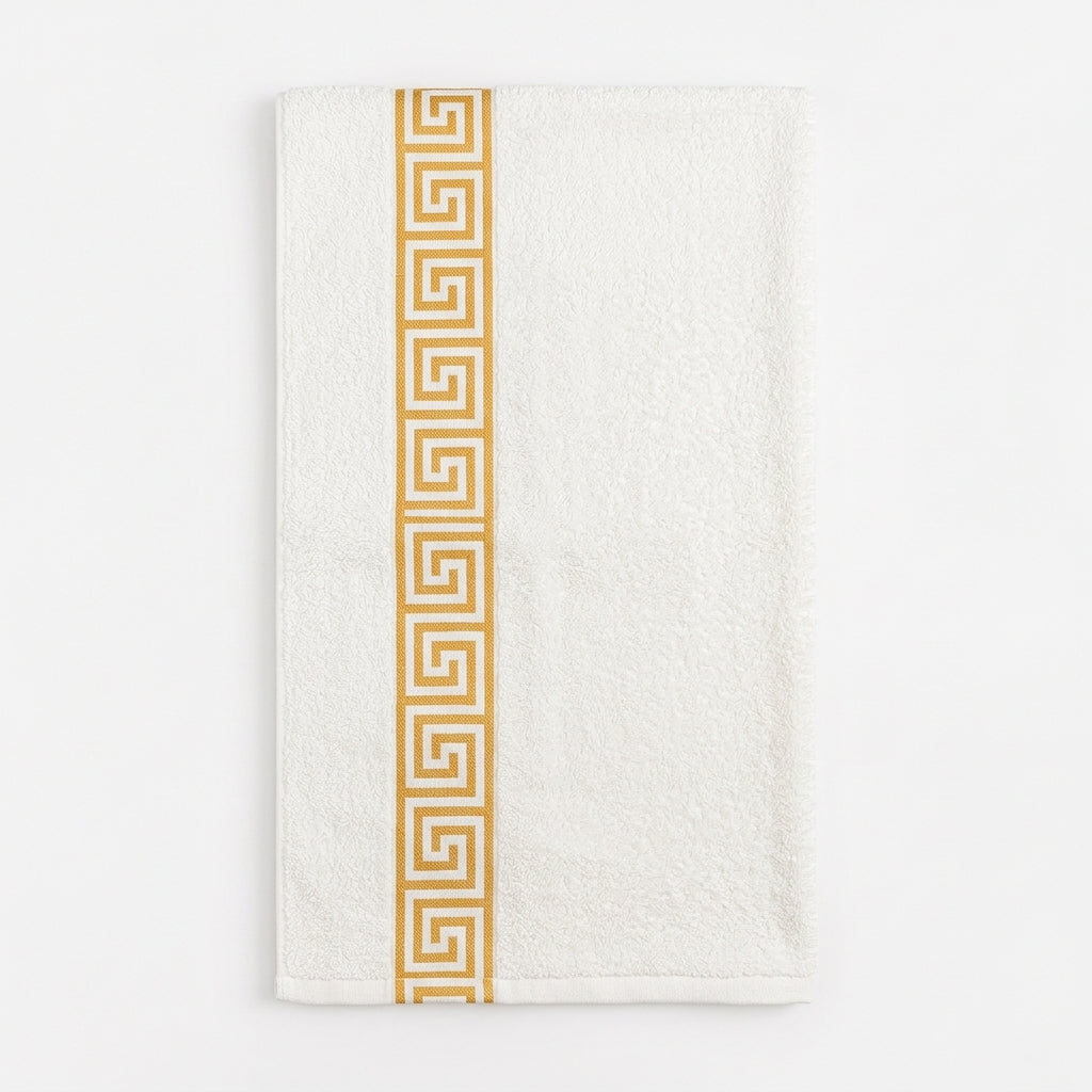 Premium White & Golden Cotton Bath Towel – Elegant Greek Border Design- 24x48 inches.