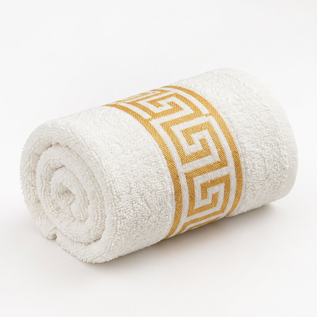 Premium White & Golden Cotton Bath Towel – Elegant Greek Border Design- 24x48 inches.