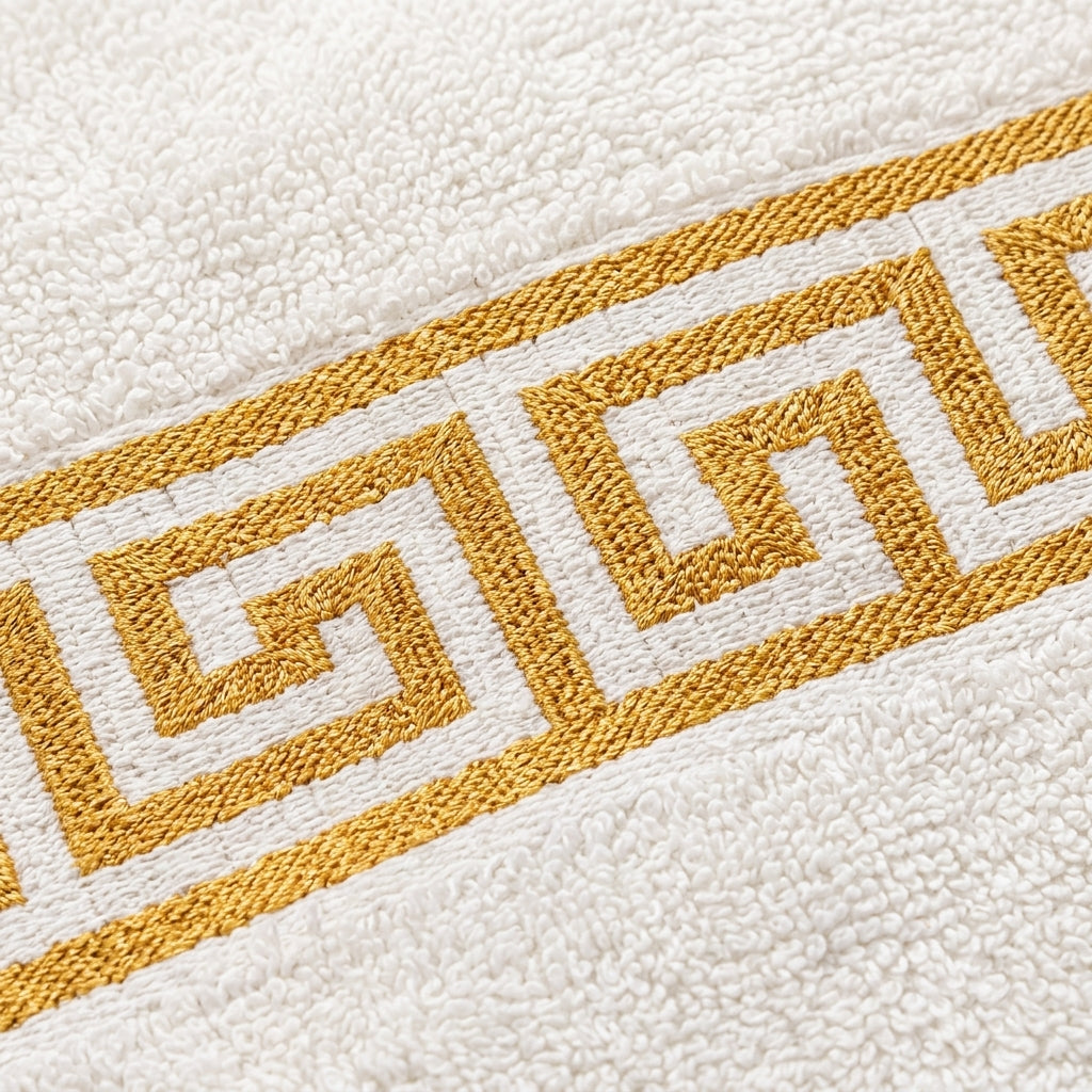 Premium White & Golden Cotton Bath Towel – Elegant Greek Border Design- 24x48 inches.