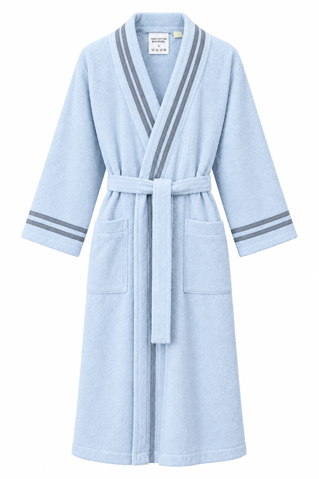 Luxury Ice Blue Cotton Bathrobe with Grey Stripes