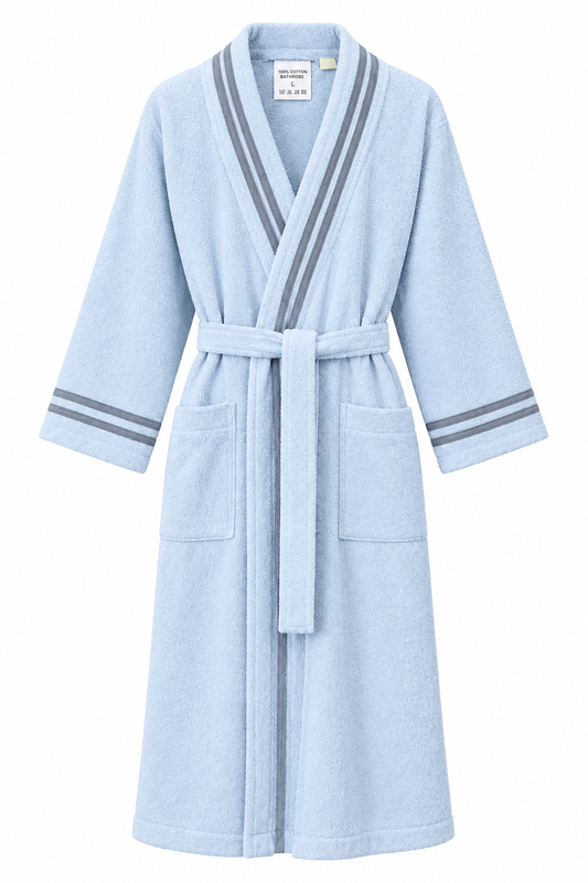 Luxury Ice Blue Cotton Bathrobe with Grey Stripes
