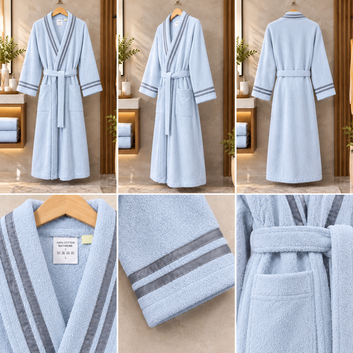 Luxury Ice Blue Cotton Bathrobe with Grey Stripes