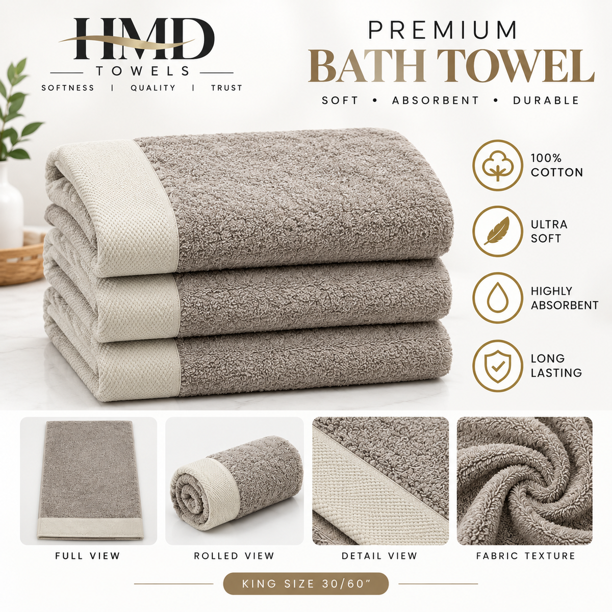 Premium Hotel Quality Beige Triple Cotton Bath Towel – Extra Large 30x60 Inches