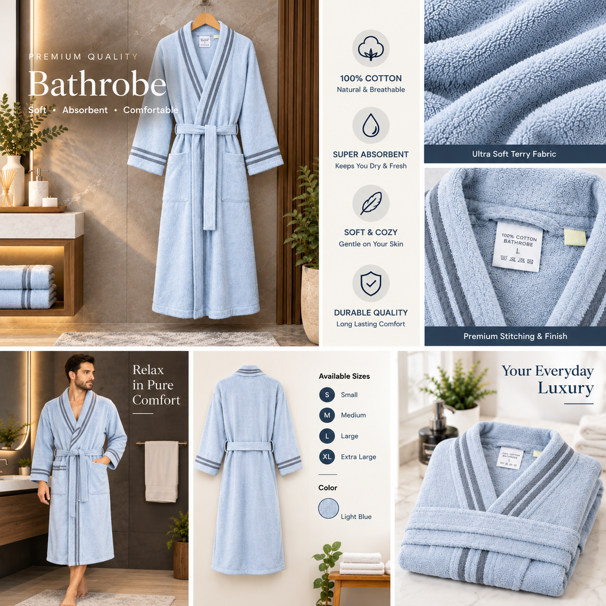 Luxury Ice Blue Cotton Bathrobe with Grey Stripes