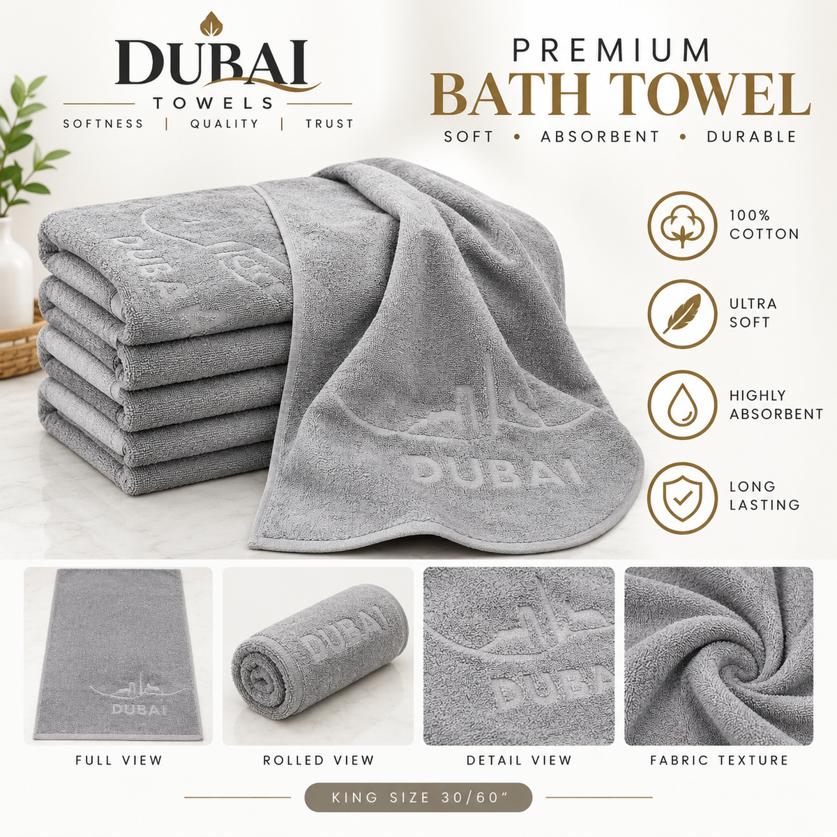 Premium Hotel Quality Embossed Grey Bath Towel – 30x60 Inches