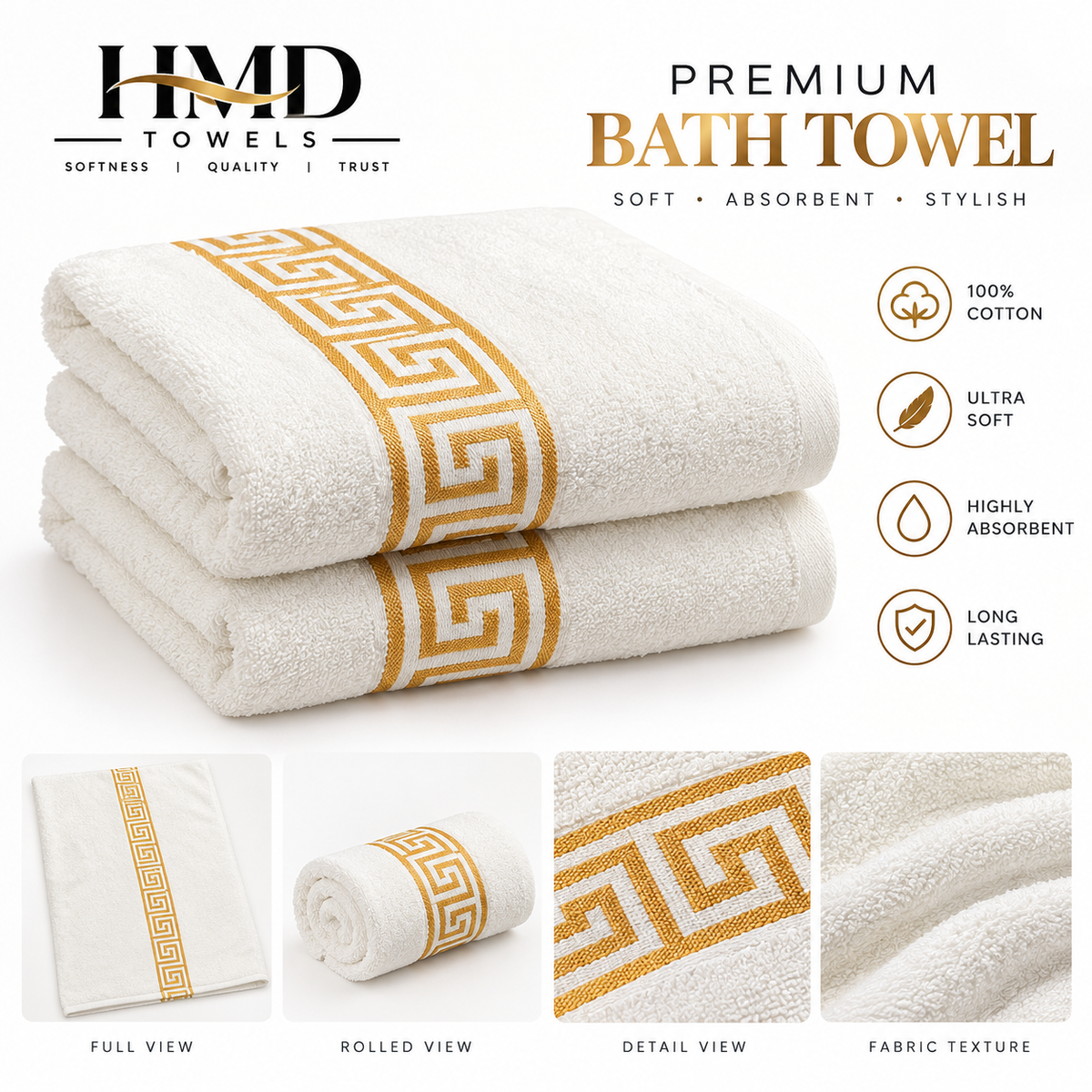 Premium White & Golden Cotton Bath Towel – Elegant Greek Border Design- 24x48 inches.