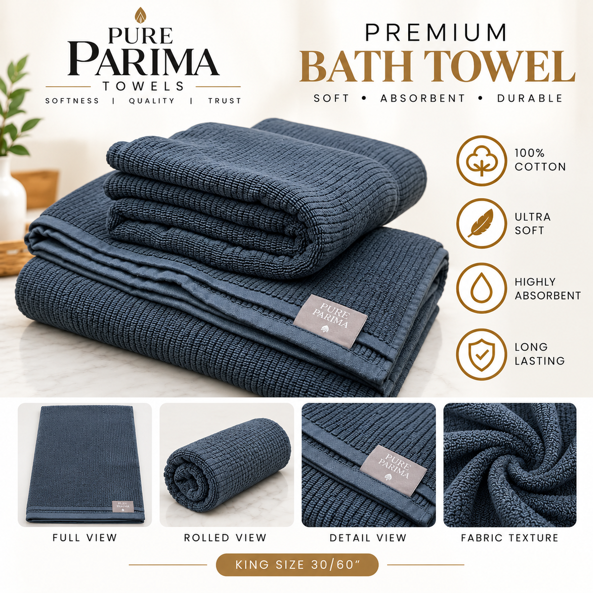 Luxury Malaysia Black King Size Cotton Bath Towel – Ultra Fluffy 30x60 Inches