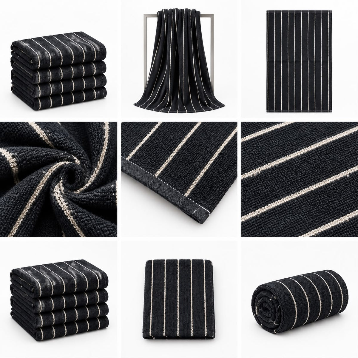 Premium Black & White Pinstripe Hand Towels (20" x 40")