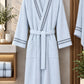 Luxury Ice Blue Cotton Bathrobe with Grey Stripes