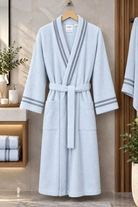 Luxury Ice Blue Cotton Bathrobe with Grey Stripes