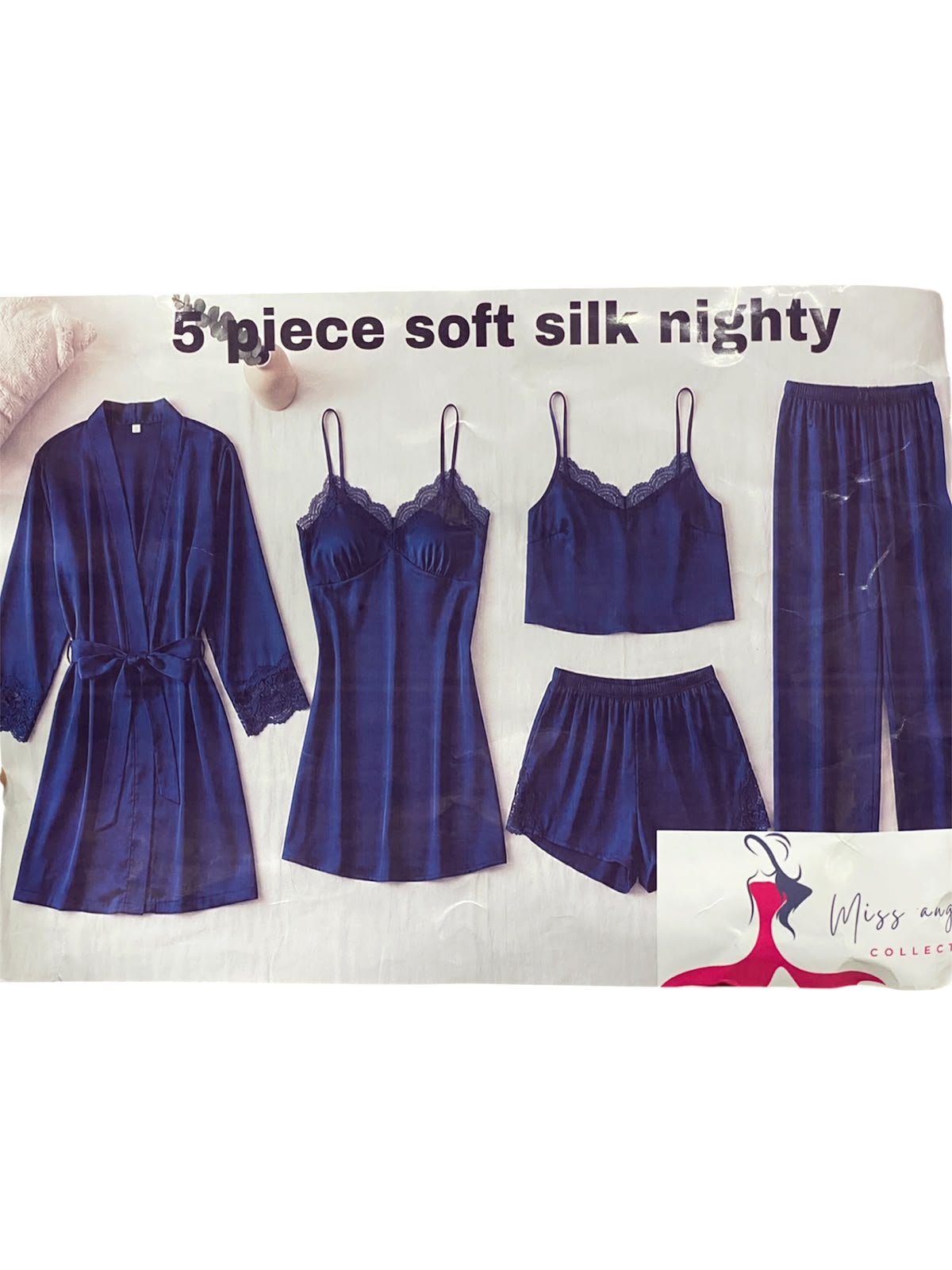 Premium 5-Piece Soft Silk Nightwear Set for Women – Nighty Dress, Robe, Cami, Shorts & Pajama Trousers (Blue & Grey)