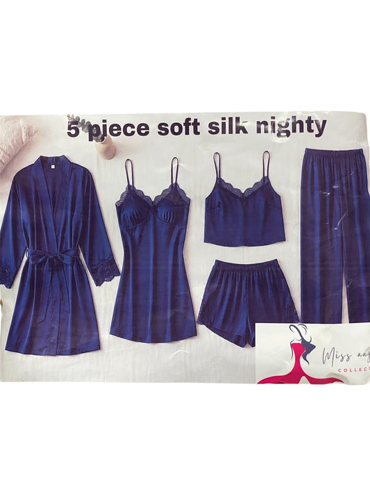 Premium 5-Piece Soft Silk Nightwear Set for Women – Nighty Dress, Robe, Cami, Shorts & Pajama Trousers (Blue & Grey)